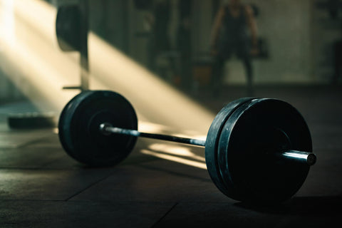 Barbell and Plate in a clean home gym