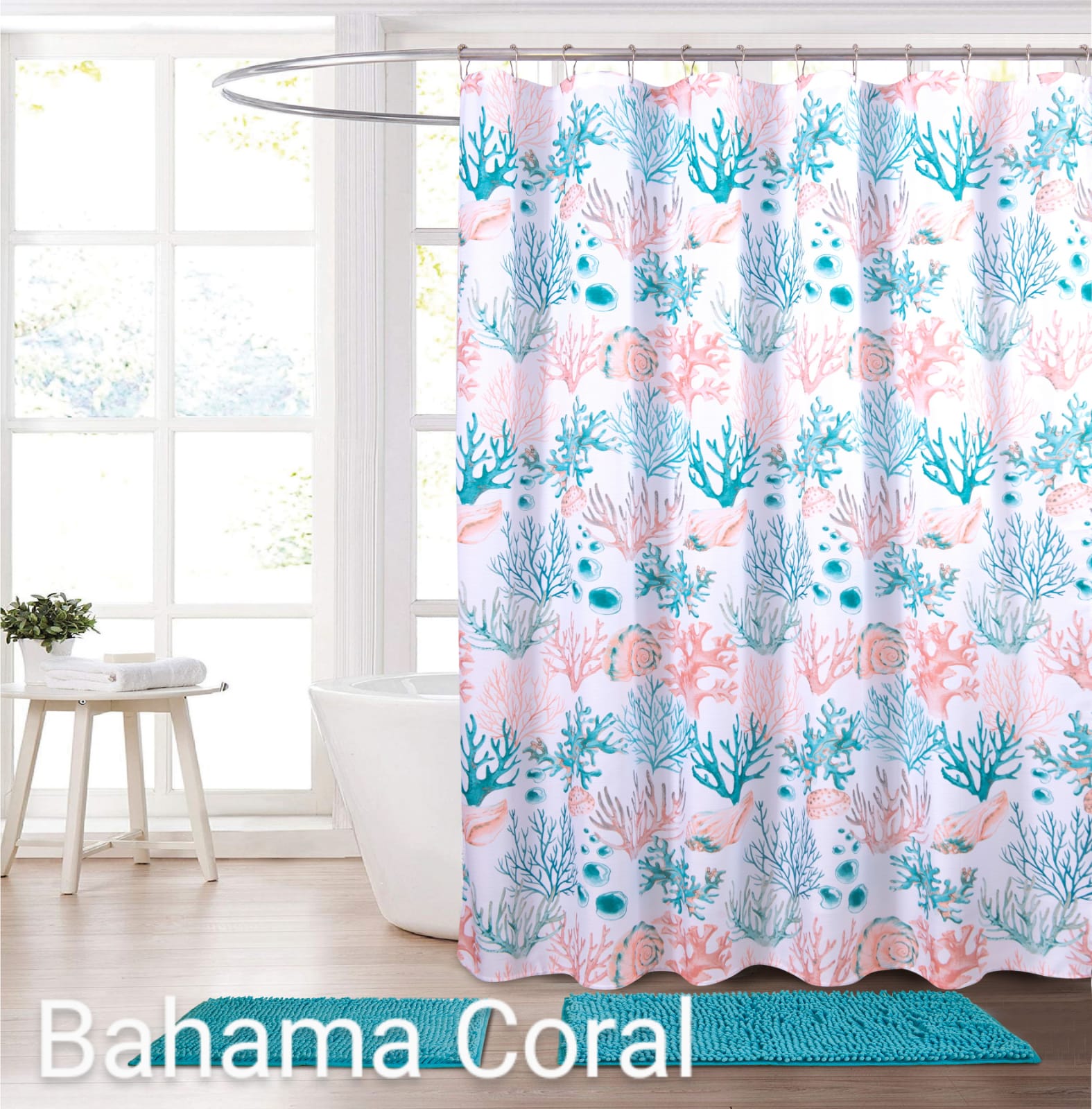 BAHAMA CORAL TEAL CHENILLE BATHROOM MAT SET RUG 14 PCS