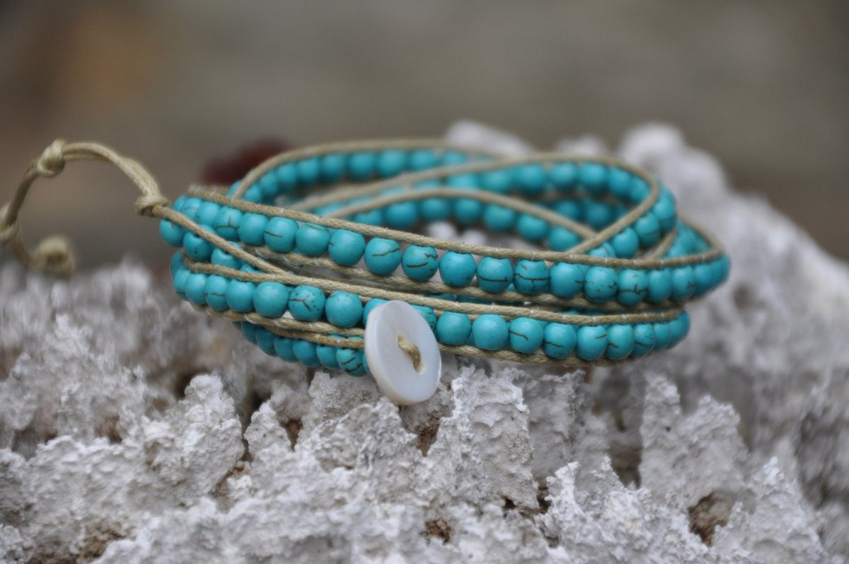 Turquoise Beaded String Wrap with Shell Button