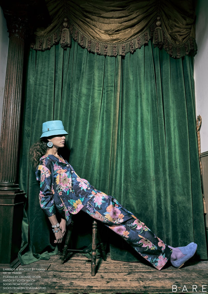 blue hat, floral pyjamas