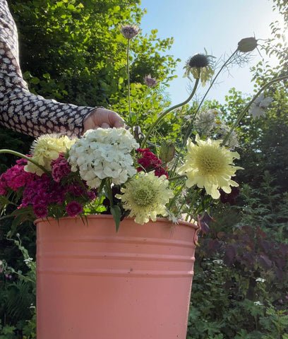 women carrying bucket of fresh flowers