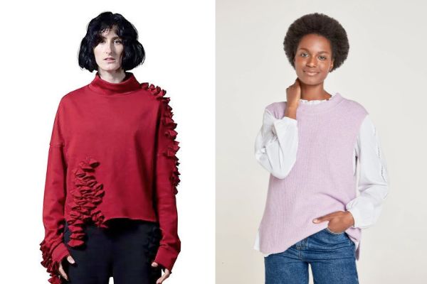 vegan wool alternatives illustrated by two women wearing organic cotton knitwear in red and lilac