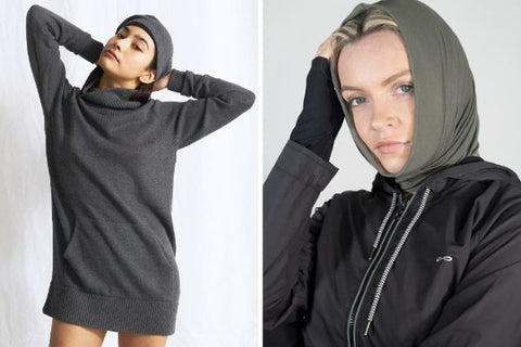 vegan alternatives to wool illustrated by two models wearing soy cashmere products