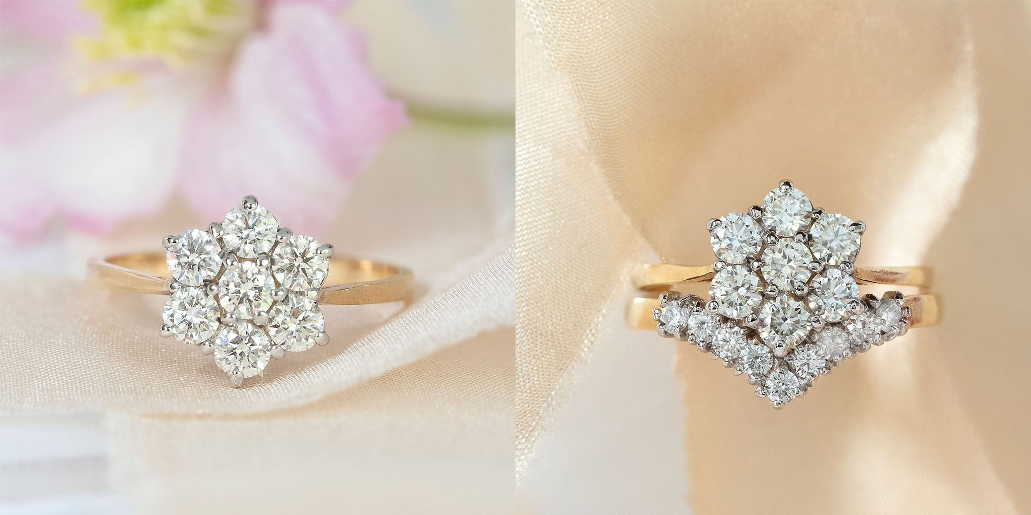 Diamond daisy cluster engagement ring with and without matching wedding ring