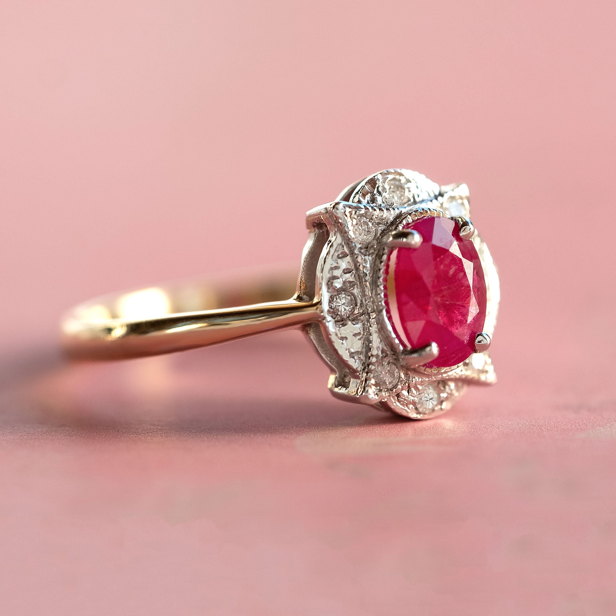 Vintage style ruby and diamond ring