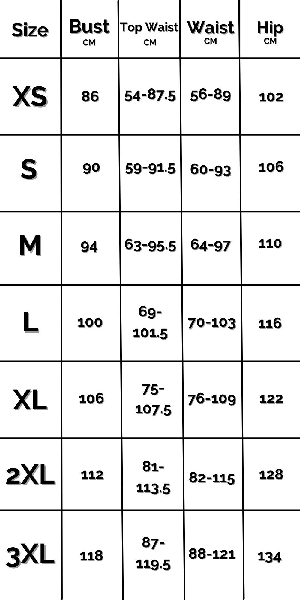 INTL Femme Fatale Set Size Chart CM