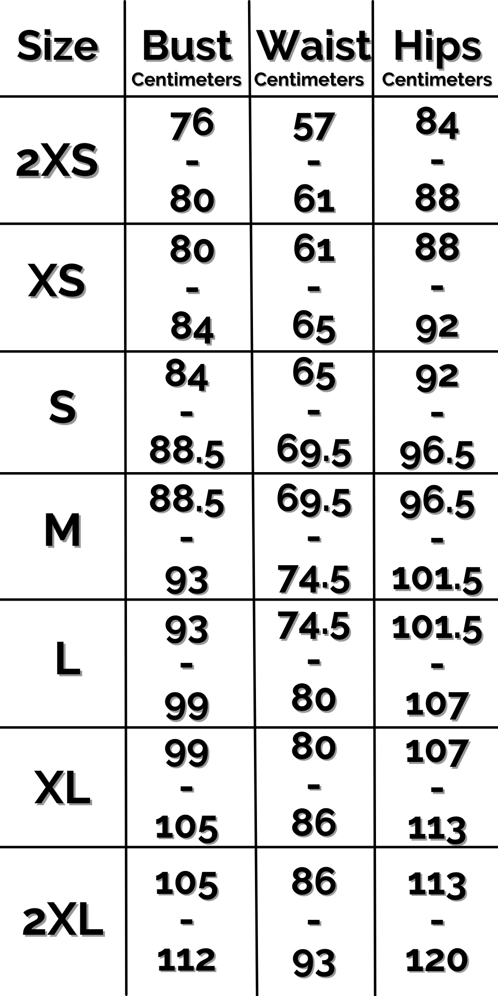 INTL Hoodie Dress Size Chart