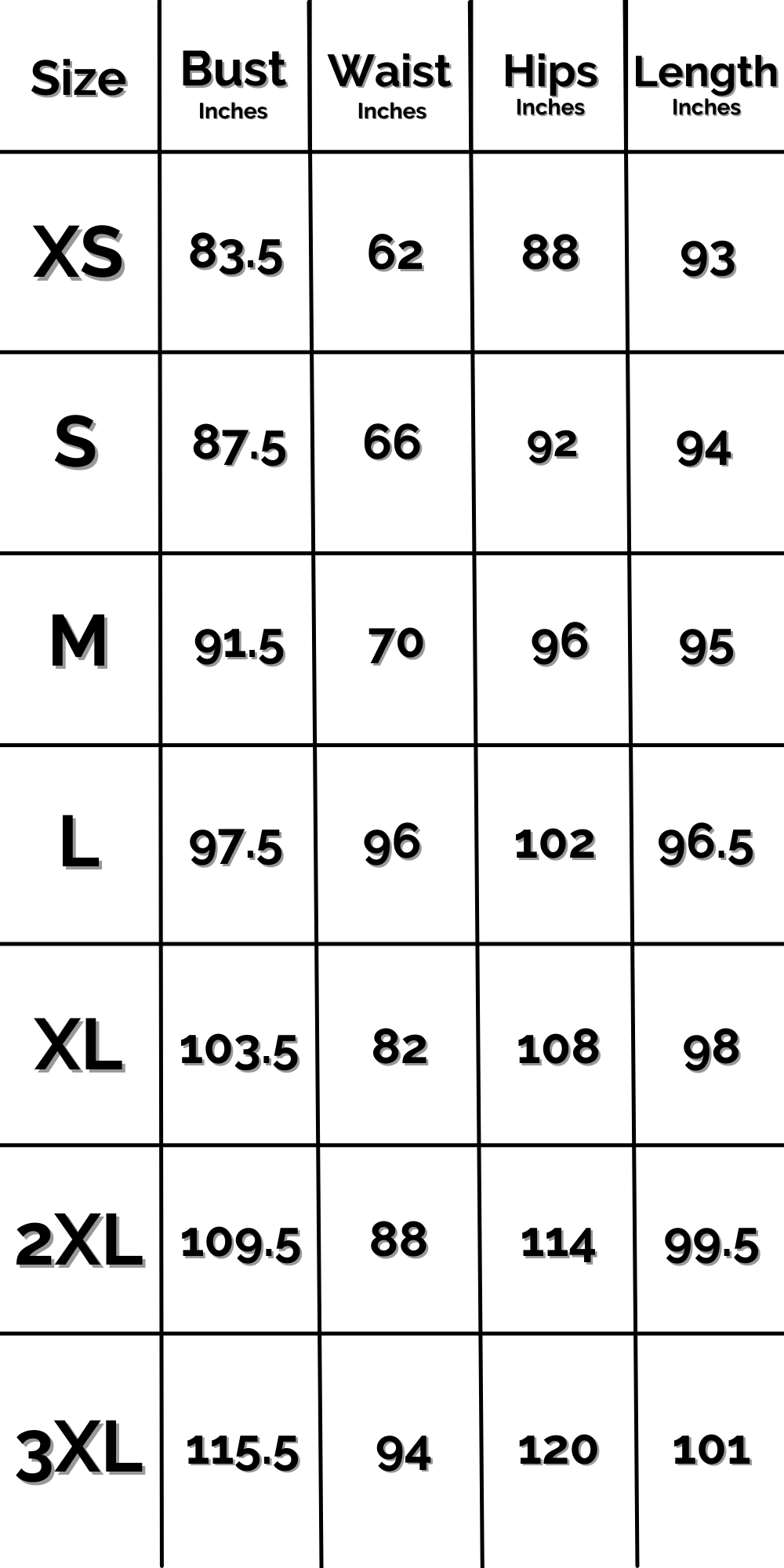 INTL Sexpionage Dress Size Chart