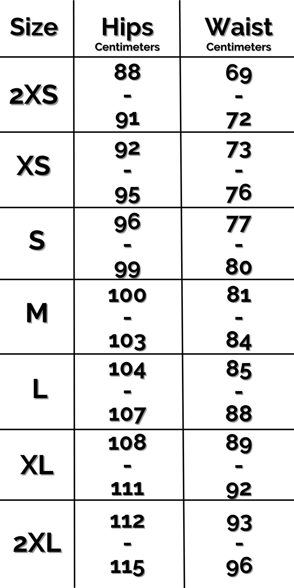 INTL Sweatshorts Size Chart