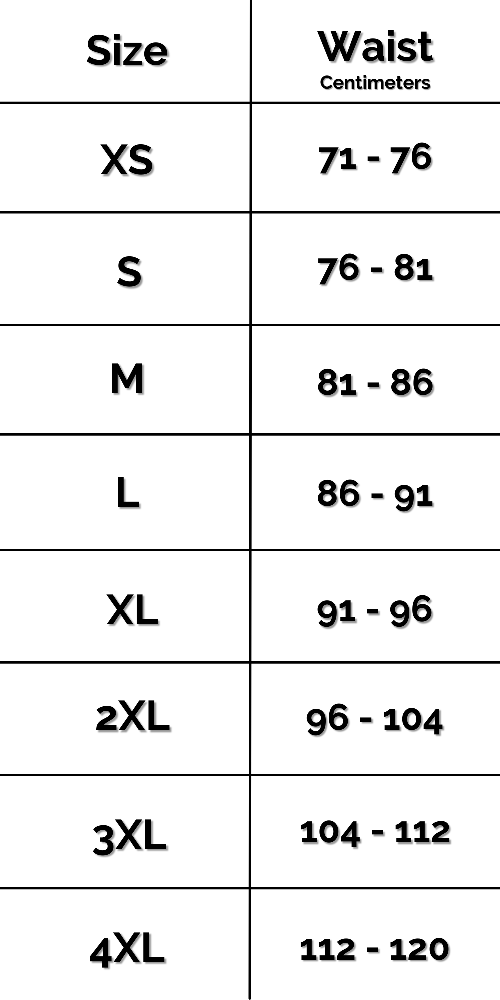 INTL Swim Shorts Size Chart CM