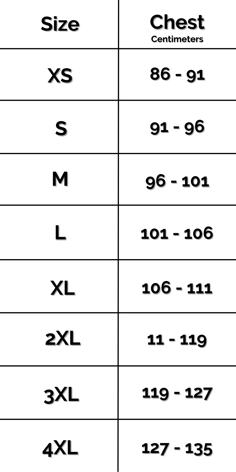 INTL Tank Top Size Chart CM