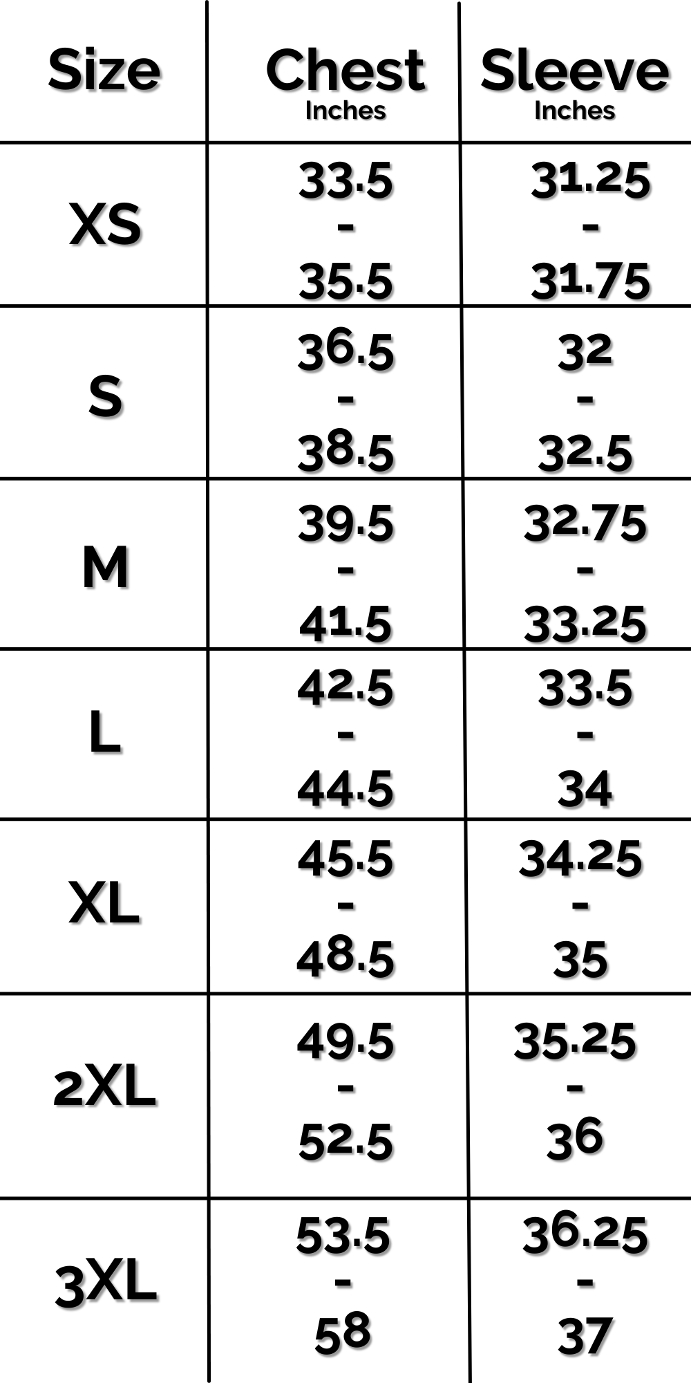 Size Chart (Inches)