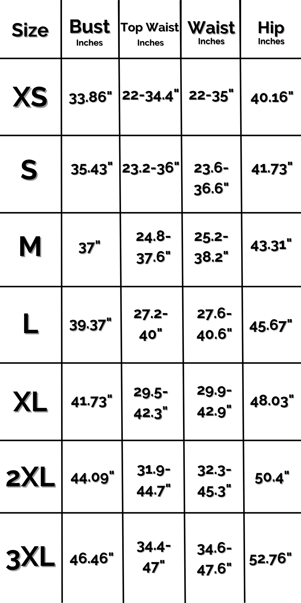 US Femme Fatale Set Size Chart IN