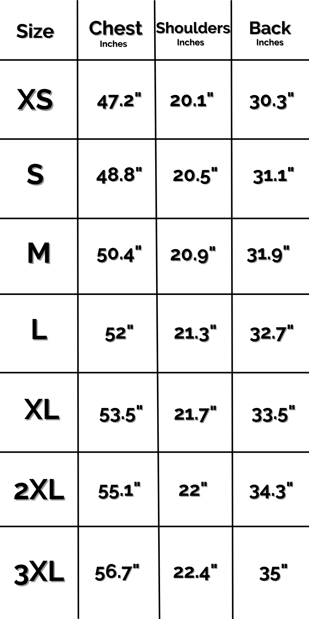 US Recycled Polyester Button Up Shirt Size Chart