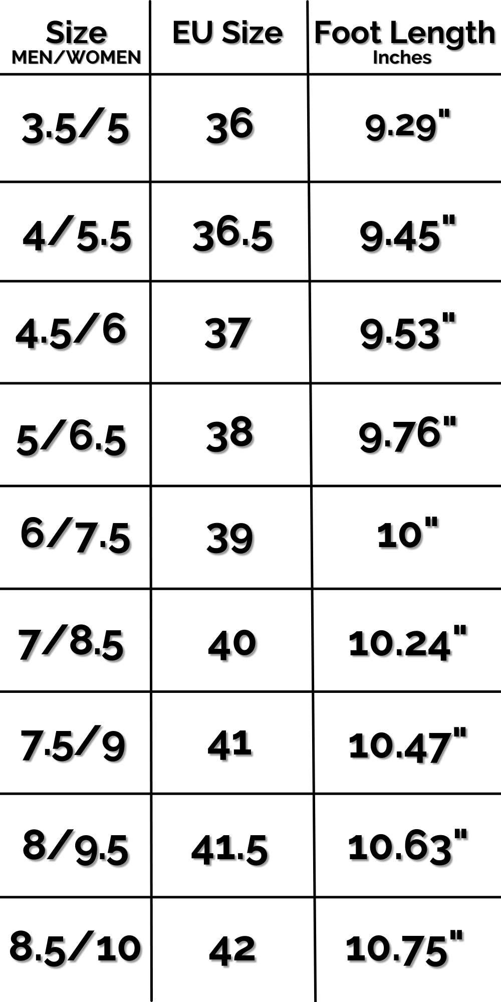 US Sonic Shocks Size Chart IN