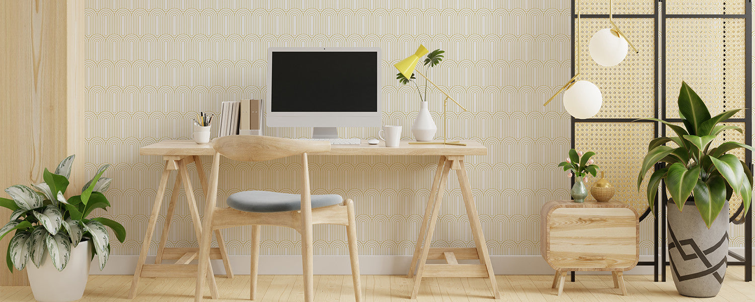 Computer desk in interior design with wallpaper in the background