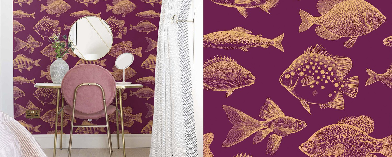 Fish pattern wallpaper in magenta color