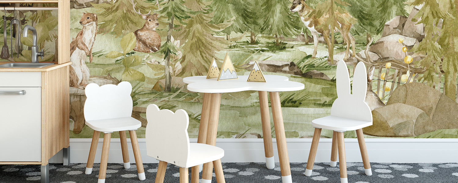 Kids room interior with forest wallpaper