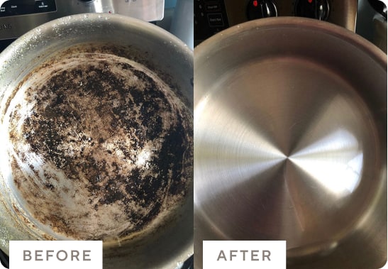 Dirty pan cleaned with branch basics