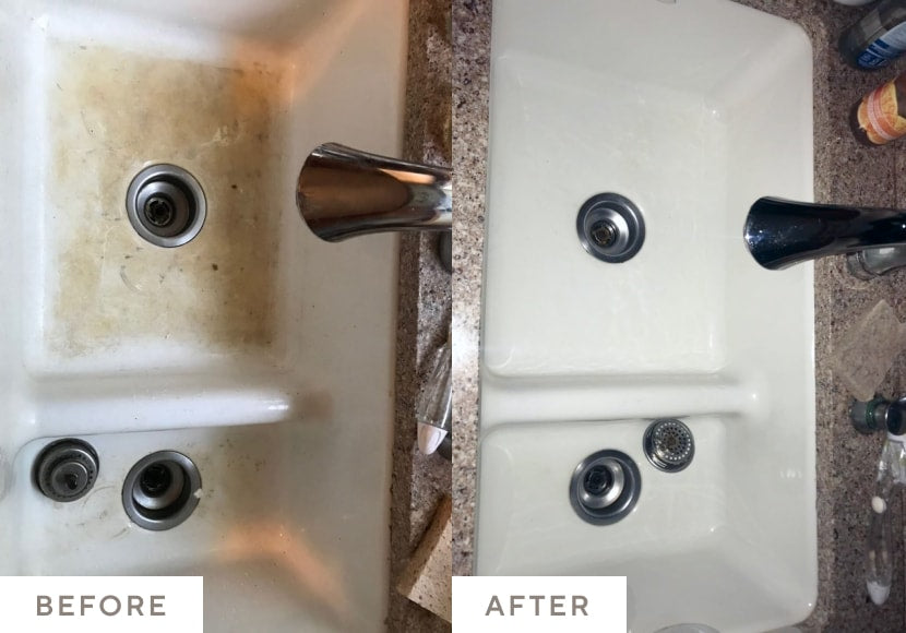 A dirty sink cleaned white by Oxygen Boost