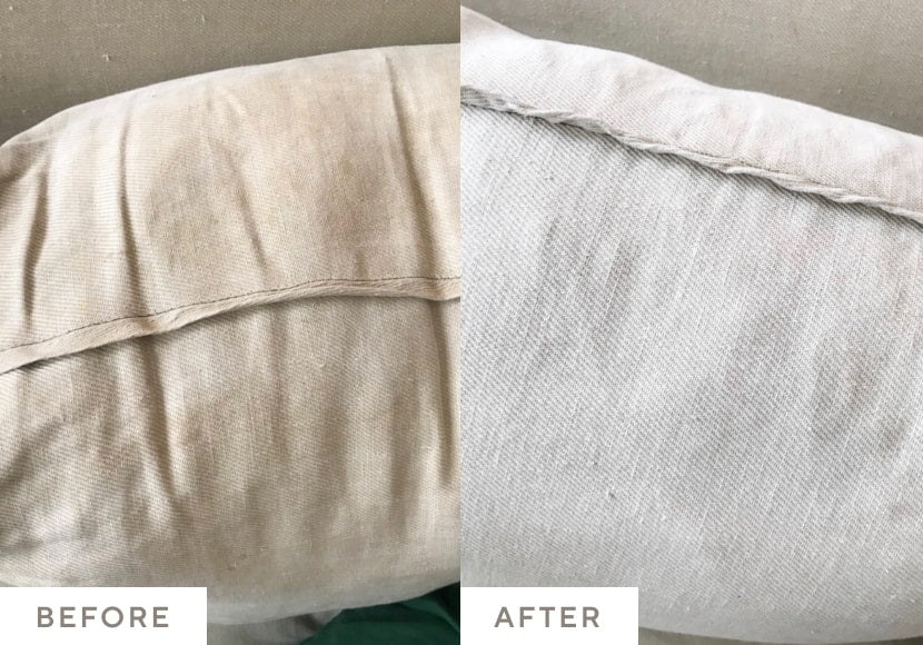 Grandes taches brunes sur un oreiller blanc nettoyé avec Oxygen Boost