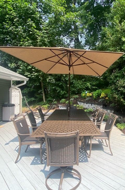 DWL Aruba Wicker Aluminum Outdoor Dining Extension Table with Treasure Garden Umbrella Long Island Delivery