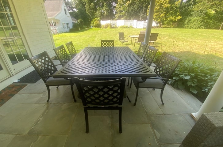 DWL Glen Lake Home and Patio Aluminum Weave Outdoor Patio Dining with Chateau Dining Chairs and Sunbrella Cushions