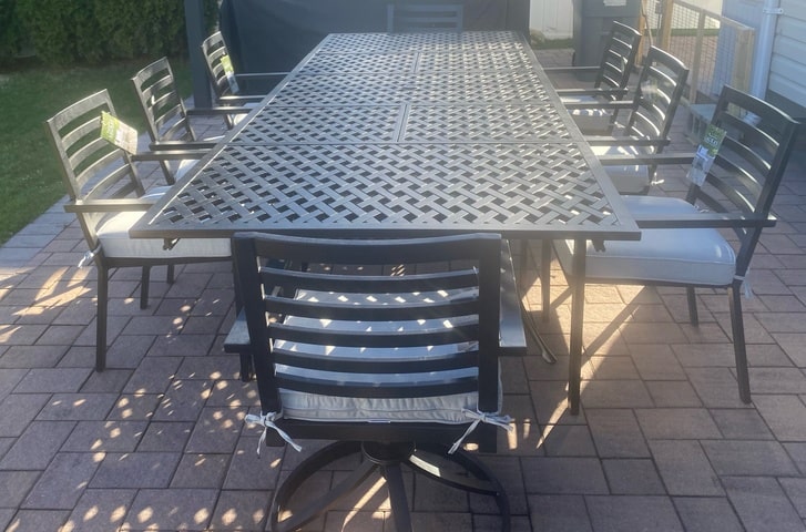 DWL Weave Cast Aluminum Extension Outdoor Dining Table Stone Harbor Chairs