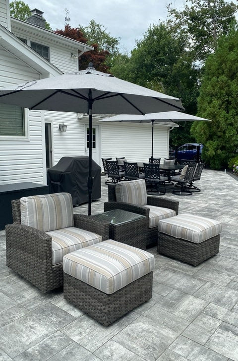 Erwin and Sons Biscayne Club Chairs Sunbrella Fabric Trusted Fog Stripe Cushion Long Island Backyard Furniture