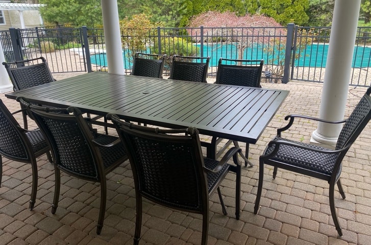 Glen Lake Home and Patio Aluminum Outdoor Dining Aruba Wicker Chairs and Slat Dining Table