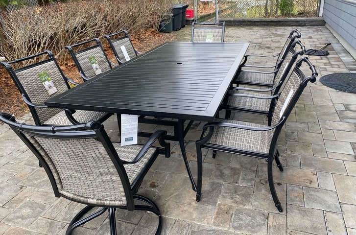 Glen Lake Home and Patio Aluminum Slat Dining Table with Bimini Wicker Chairs Long Island Delivery