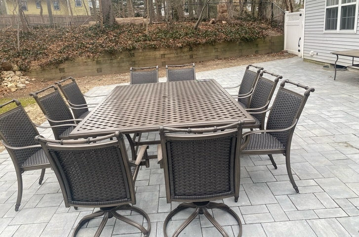 Glen Lake Home and Patio Aluminum Weave 11 Piece Dining Set with 10 Wicker Aruba Dining Chairs for Long Island Backyard