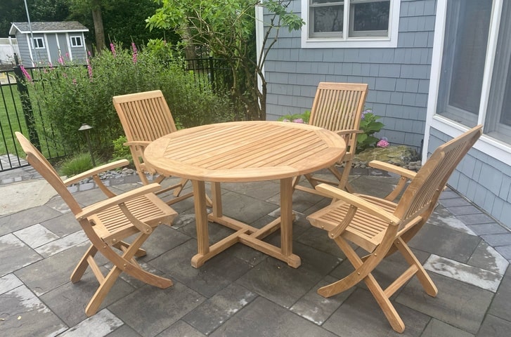 Kingsley Bate Teak Essex Dining Table with Monterey Folding Chairs Long Island Patio Furniture