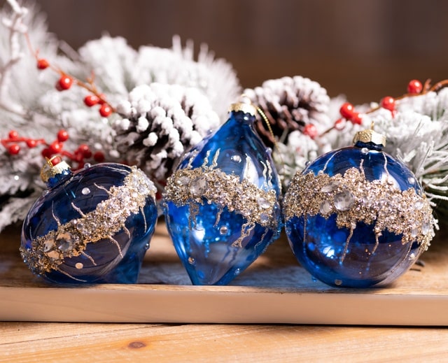Melrose Blue Glass Christmas Tree Ornaments With Gold Embellishments