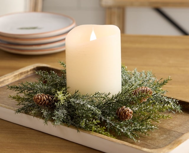 Melrose Frosted Snowy Pine Candle Ring With Battery Operated Candle