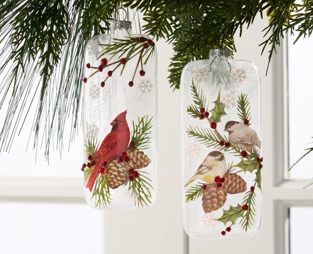 Melrose Glass Christmas Tree Ornament Cardinal Chikadee