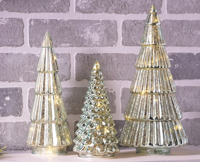 Melrose Mercury Glass Christmas Trees With LED Fairy Lights Tabletop Decor