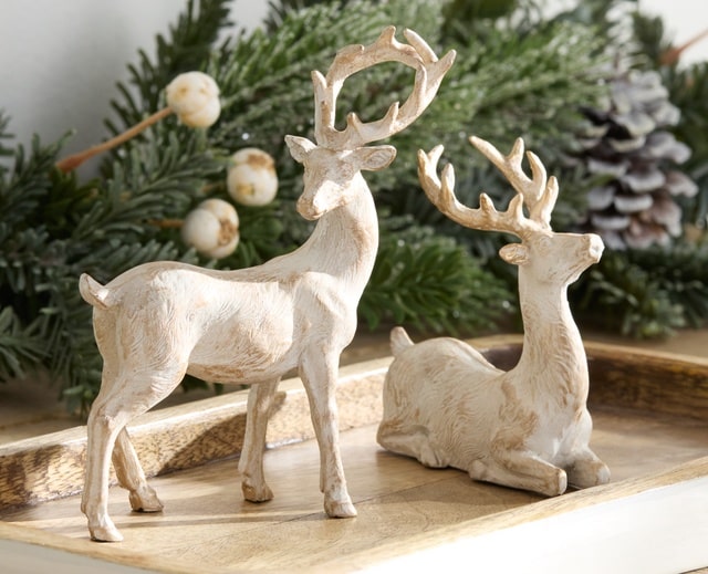 Melrose Natural Reindeer on Tabletop Tray With Winter Greenery