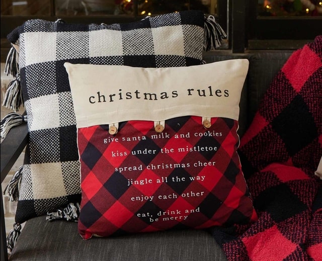 Mudpie Christmas Rules Holiday throw Pillow Black and Red Plaid Pillow