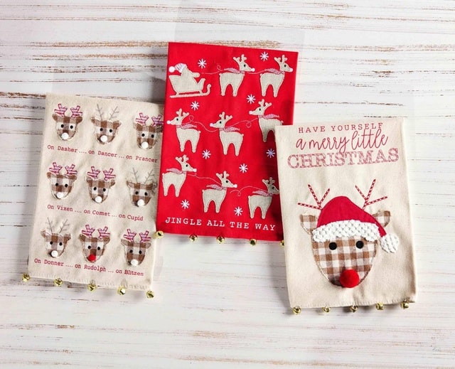 Mudpie Christmas Tea Towel With Reindeer Jingle Bells Holiday Hostess Gift