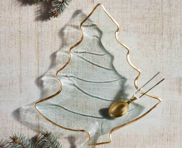 Mudpie Glass Christmas Tree Serving Platter With Gold Edge Holiday Hostess Gift