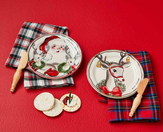 Mudpie Holiday Hostess Gift Set Tartan Plaid With Ceramic Dish Retro Santa