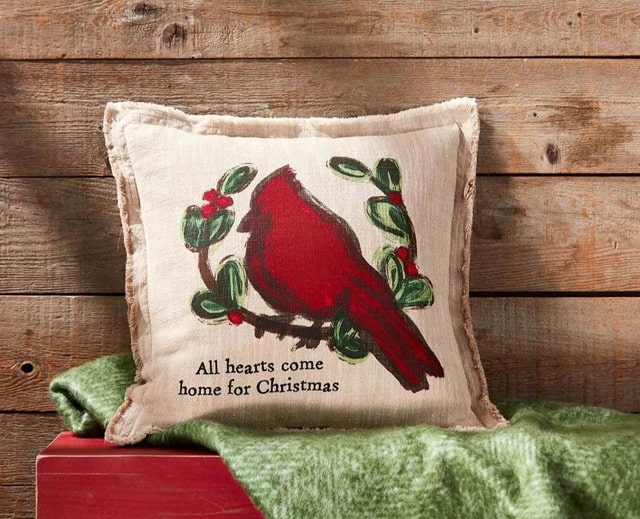 Mudpie Linen Throw Pillow With Cardinal All Hearts Come Home For Christmas