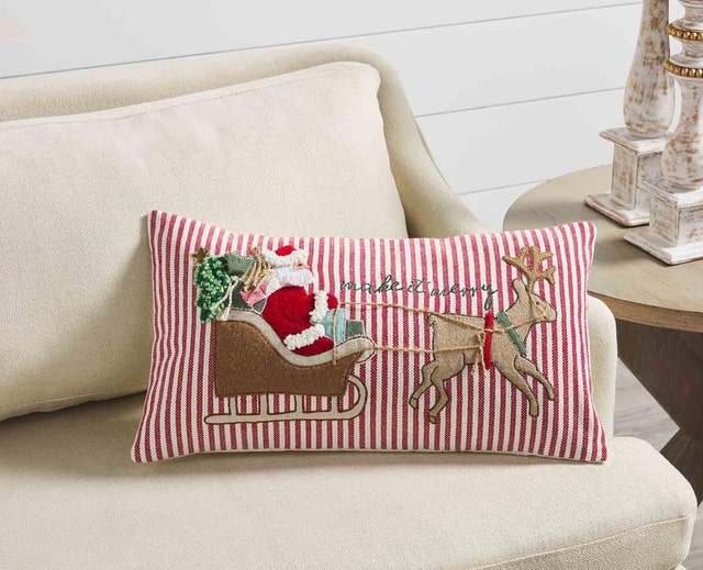 Mudpie Make It Merry Christmas Holiday Throw Pillow With Santa in Sleigh
