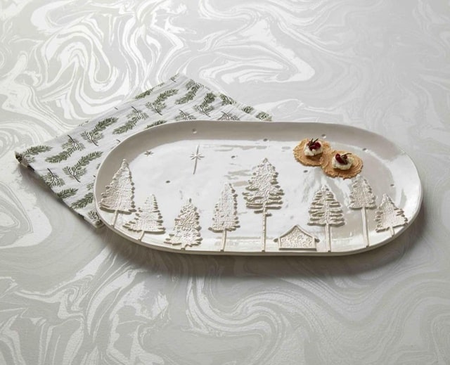 Mudpie White Ceramic Oval Dish With Christmas Trees Holiday Hostess Gift