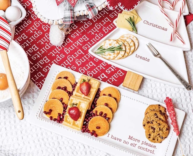 Mudpie White Ceramic Tray With Red Writing Christmas Treats No Elf Control Holiday Hostess Gift