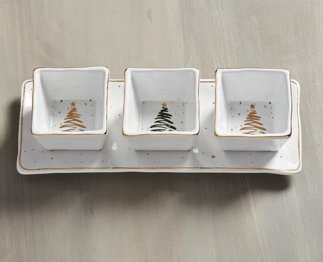 Mudpie White Ceramic With Gold Christmas Trees 3 Serving Dish