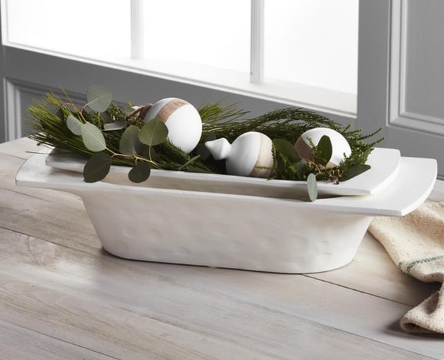 Mudpie White Wooden Dough Bowl With Lifelike Christmas Greenery and Wooden Ornaments