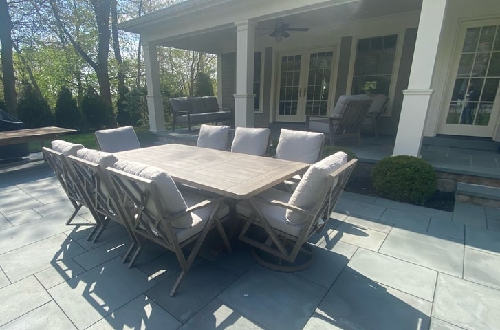Patio Renaissance Aluminum Outdoor Dining Cabrillo Chairs with Farnham Dining Table Long Island Backyard