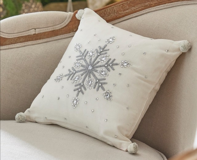 Raz Imports Beaded Embroidered Christmas Winter Pillow Ivory With Silver Snowflake